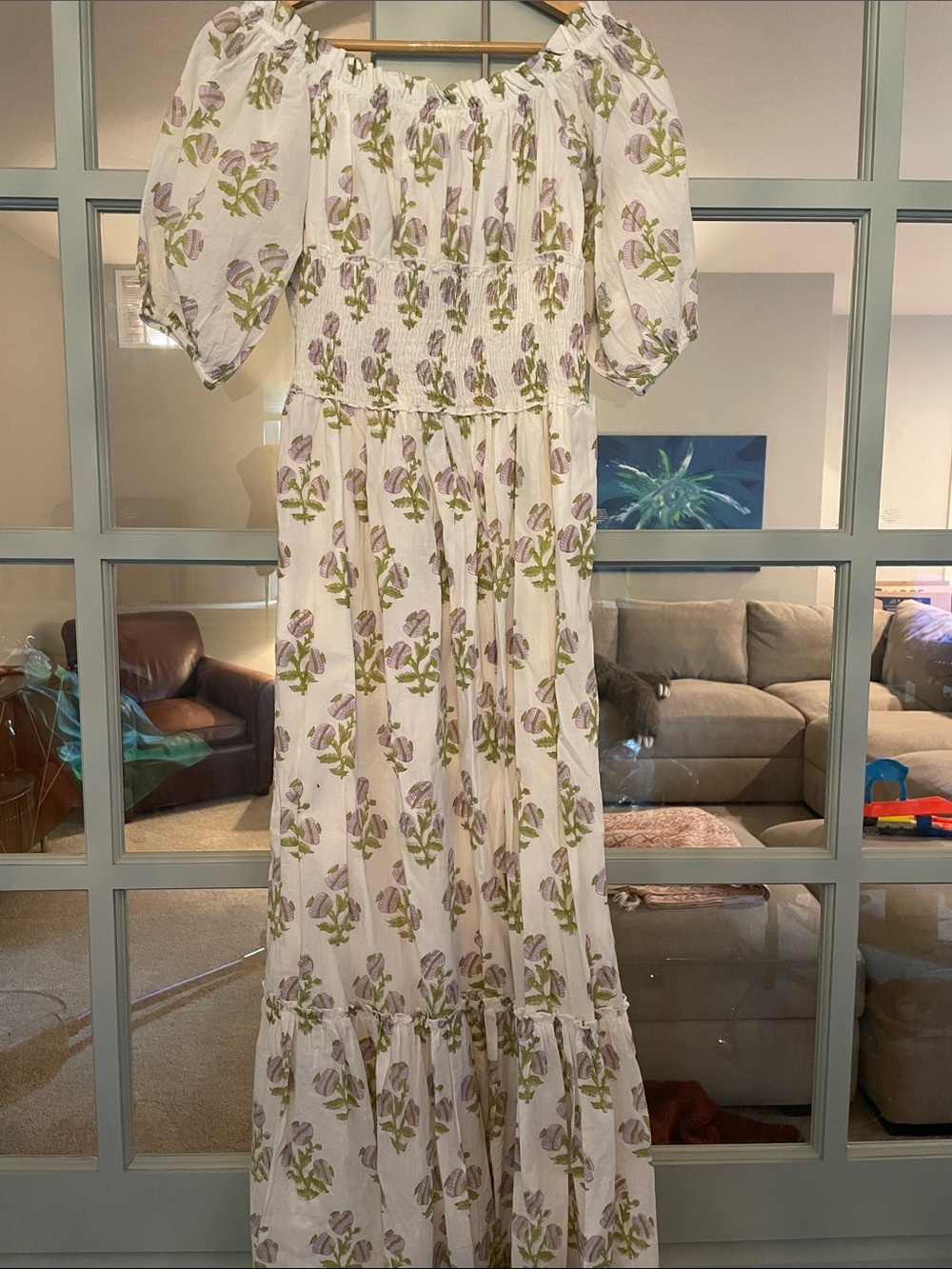 White Floral Puff-Sleeve Maxi Dress with Smocked Bodice - Picture 1 of 4